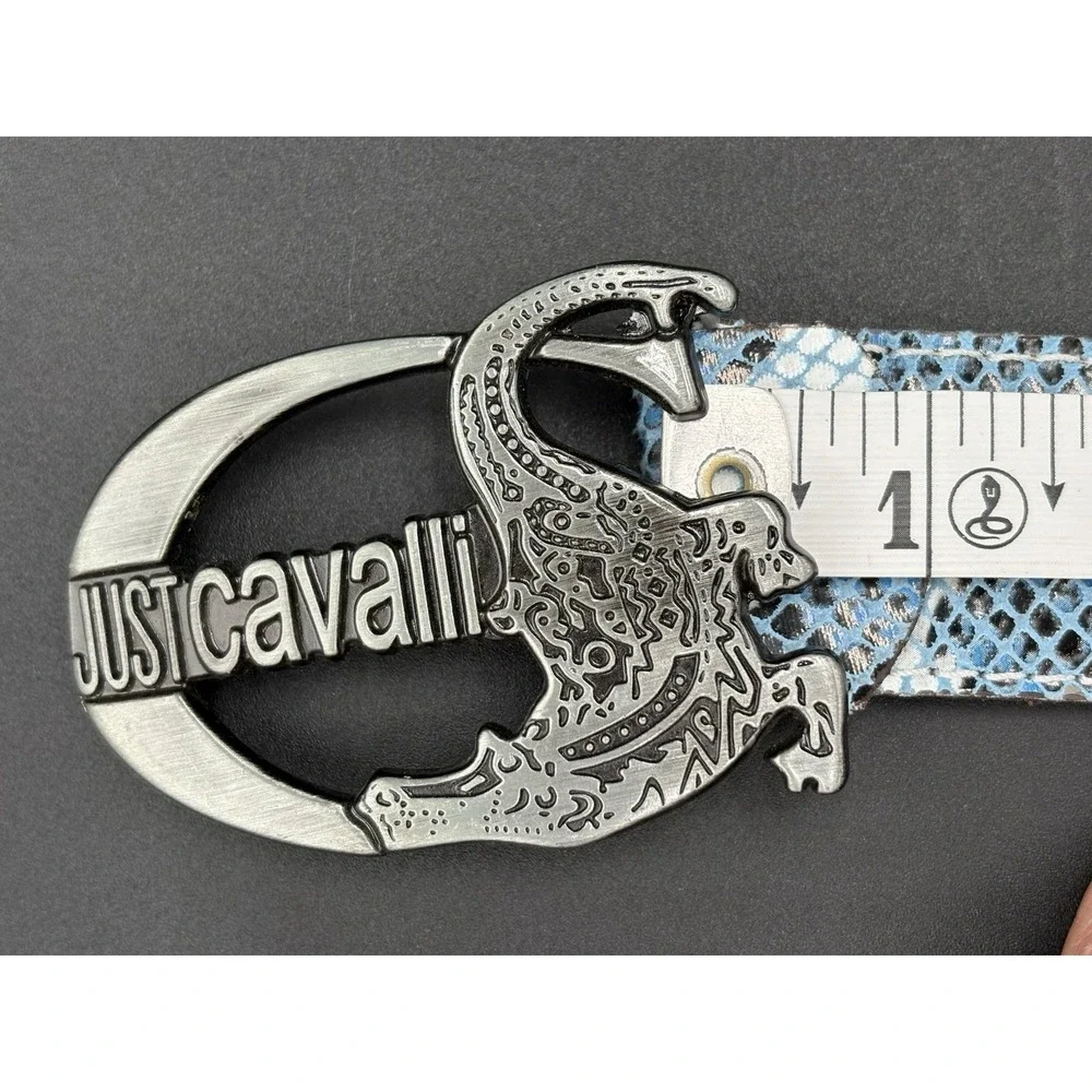 Just Cavalli Croc Leather Belt Blue Black White Crocodile Buckle Size 31-36 EUC